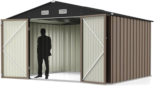 Greesum 10x8FT Outdoor Storage Shed, Utility Tool Shed with Sloping Roof, Metal Storaged Garden Shed with Door & Lock for Patio Storage, Brown