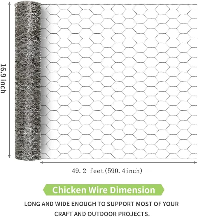 Chicken Wire Fencing 16.9 Inch x 49.2 Ft, Poultry Wire Netting 0.6 Inch Hexagonal Galvanized Floral Fence Mesh for Pet Rabbit Coop
