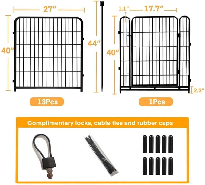 Animal Barrier Fence, 40 in(H)×27 in(L) 14 Panels Total 31 Ft(L), Garden Fence with Gate, Flower Bed Fencing, Black Metal Decorative Garden Fencing, Fence for Dogs Outside