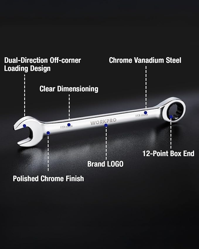 WORKPRO 19 mm Ratcheting Combination Wrench Metric, CR-V Constructed with Mirror Polish Chrome Plating, 12-Point Design, 15-Degree Offset