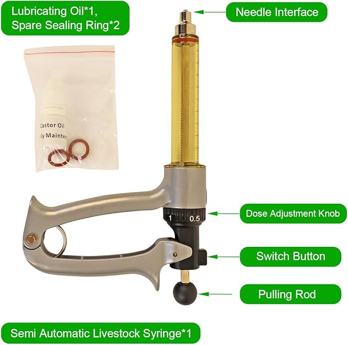 25ML Semi Automatic Livestock Syringe, 5 Gears Adjustable Continuous Repeating Syringe for Farm Ranch Cattle Cow Horse Goat Sheep Hog