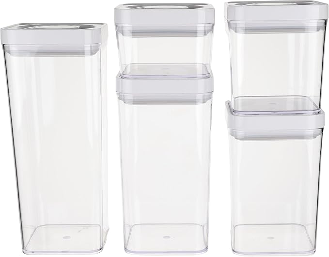 Amazon Basics Airtight Food Storage Containers, BPA Free, with Twist/Turn Lids, for Kitchen Pantry Organization, 10-Piece Square Set, Clear Plastic