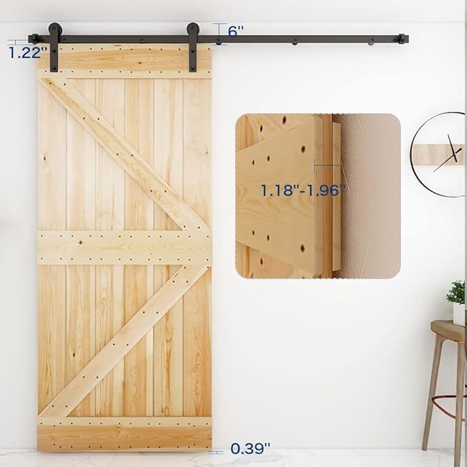 CCJH 19FT Single Sliding Barn Door Hardware Kit Black Carbon Steel Hanger Flat Track System for Closet Kitchen 1 Door 114 inch Wide, Smoothly and Quietly I Shape Roller