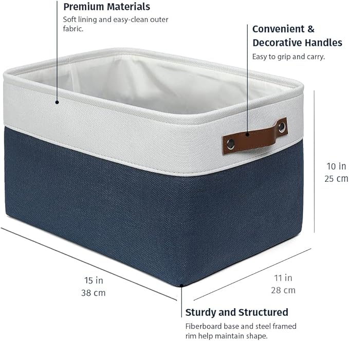 OrganiHaus Large Fabric Storage Baskets for Shelves 3 Pack, 15x11in Closet Storage Bins for Shelves, Canvas Baskets for Organizing, Linen Closet Organizers, Cloth Basket, Navy Blue/Off-White