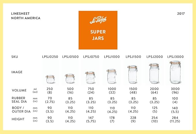 Le Parfait Super Jar, Canning Jars, 1L French Glass Canning Jar w/Round Body, Glass Jars With Airtight Lid, Canning Jars Wide Mouth, Glass Jar With Lid, Clear Jars, Clear Glass Jars (32oz/Quart, 4 pk)