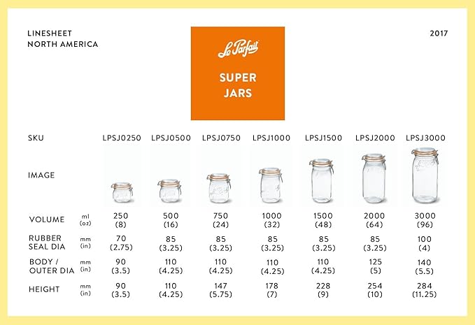 Le Parfait Super Jar, 1.5L French Canning Jar w/Round Body, Wide Mouth, Clear Jar (32oz/Quart & Half, 1 pk)