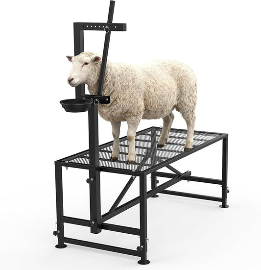 Goat Stand for Milking with Feed Bin, 400LBs Metal Trimming Stand for Sheep Goat with Adjustable Size Goat Milking Stand for Clipping Hooves
