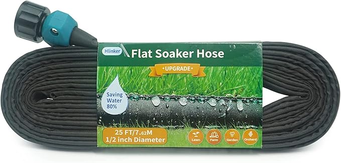 Flat Soaker Hose 25 FT for Garden Beds, 25Ft 1/2" Linkable Consistent Drip Irrigation Hose Save 80% Water, Leakproof Heavy Duty Double Layer Sprinkler Hose