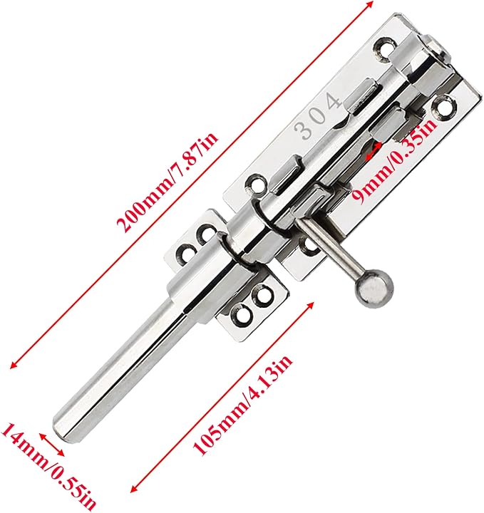 8in Slide Bolt Gate Latch 304 Stainless Steel Barrel Bolt Latch Heavy Duty Door Security Lock Thickened Door Latches Hardware with Mounting Screws for Barn Fence Shed Basement