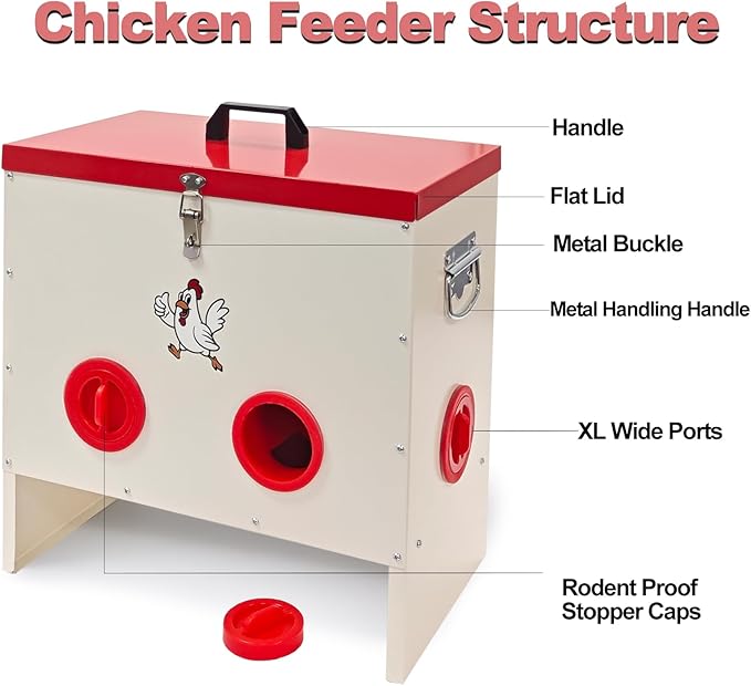 Metal Chicken Feeder 30-50 LBS Capacity, Automatic Poultry Feeder with 6 Ports, No-Waste Weather-Resistant Animal-Proof Gravity Feeder Outdoor Feed Bin for Chickens Ducks Geese Turkeys