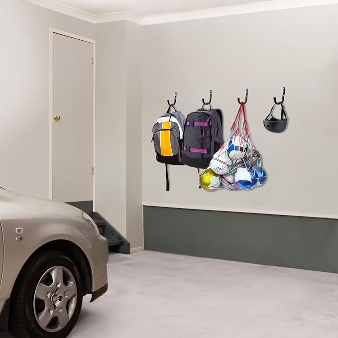 KURUI Metal Wall Hooks for Hanging Heavy Duty, 6Pcs Garage Organization and Storage Hook for Extension Cord Tool Coat Backpack Bag, Large Utility J Hooks, Black Wall Mount Hanges for Outdoor Indoor