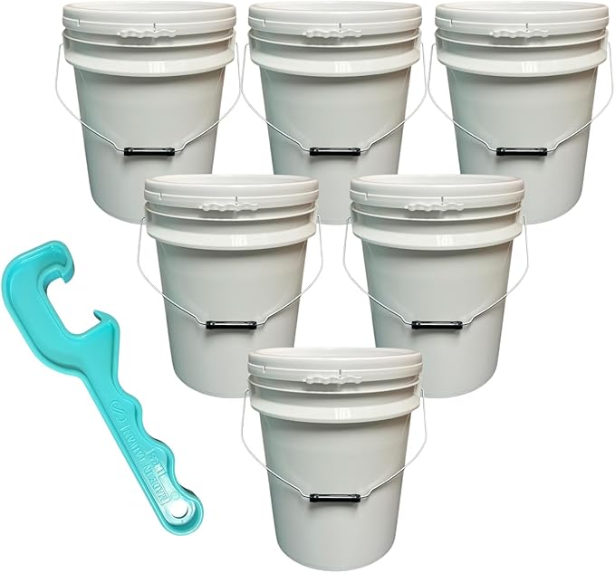 5 Gallon Plastic Bucket Pail with Lid (Pack of 6) – Includes Free Bucket Opener - Food Grade, BPA Free, Heavy Duty –– for Storage, Emergency, Paint, Brining, and More (White)