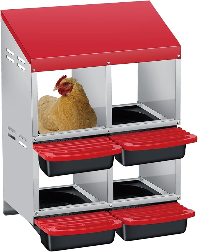 GarveeLife Chicken Nesting Box, 4 Compartments Laying Nest Boxes for Laying Eggs Chicken Brooder Box Nest Box with Perch 2x2 Hole Red