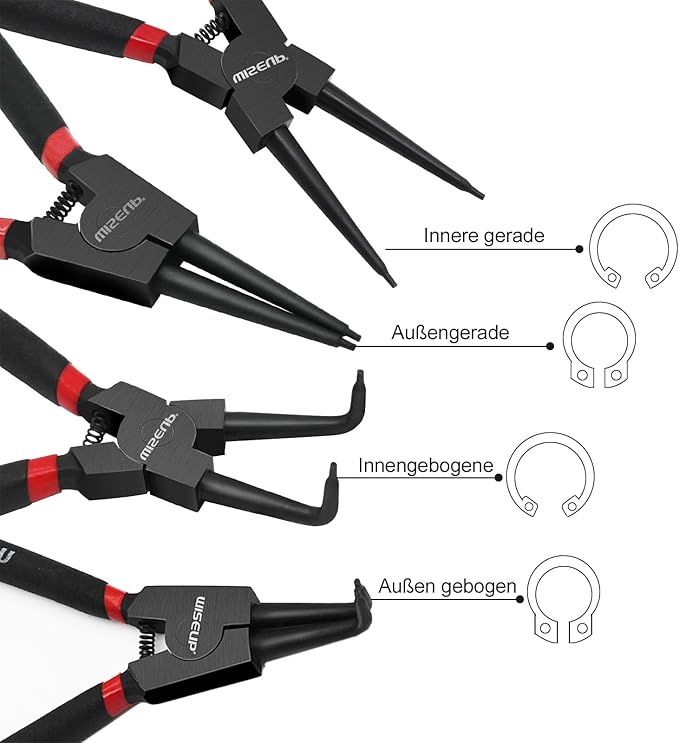 WISEUP Snap Ring Pliers Set, Heavy Duty 4PCS-7 inch Internal/External Circlip Pliers Kit, Straight/Bent Jaw Tips for C-Clip Ring Remover