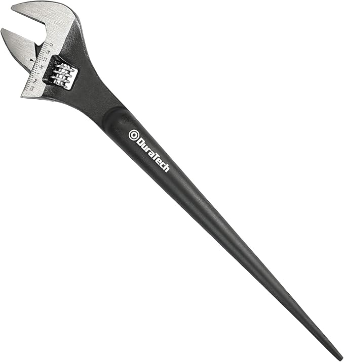 DURATECH 12-Inch Adjustable Construction Spud Wrench, Black Oxide Finish, CR-V Steel, SAE and Metric Scale Marked, Alignment Holes and Tail Crowbar Features