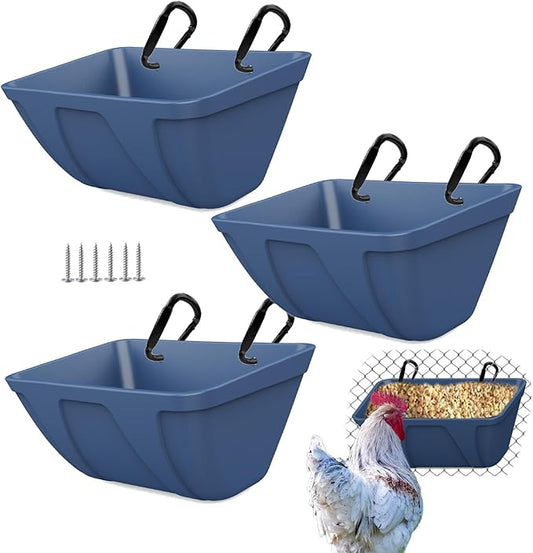 Hanging Chicken Feeder Trough for Goat Sheep Deer Poultry Duck Chicken Fence Feeder Livestock Feeding Container Goats Supplies Feeders Waterer Bucket (Dark Blue)