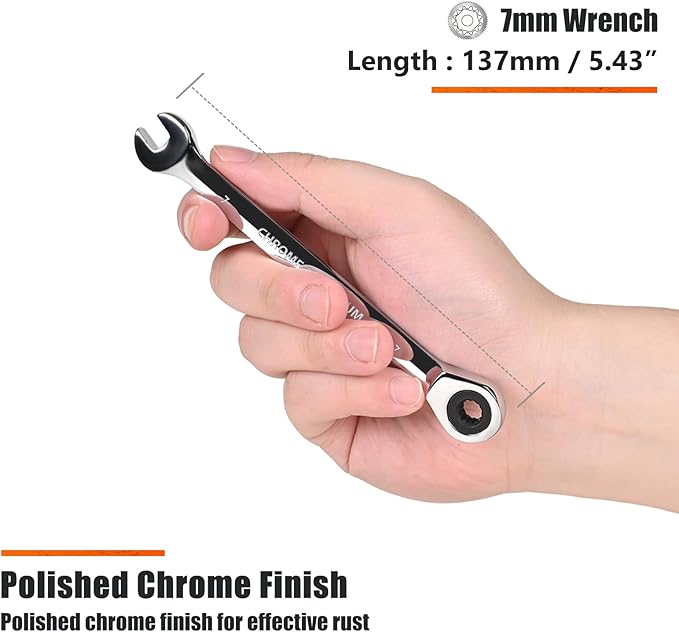 Egofine 7mm Ratcheting Combination Wrench Metric, Industrial Grade Gear Spanner with 12-Point Design, 72-Tooth Ratchet, Chrome Vanadium Steel
