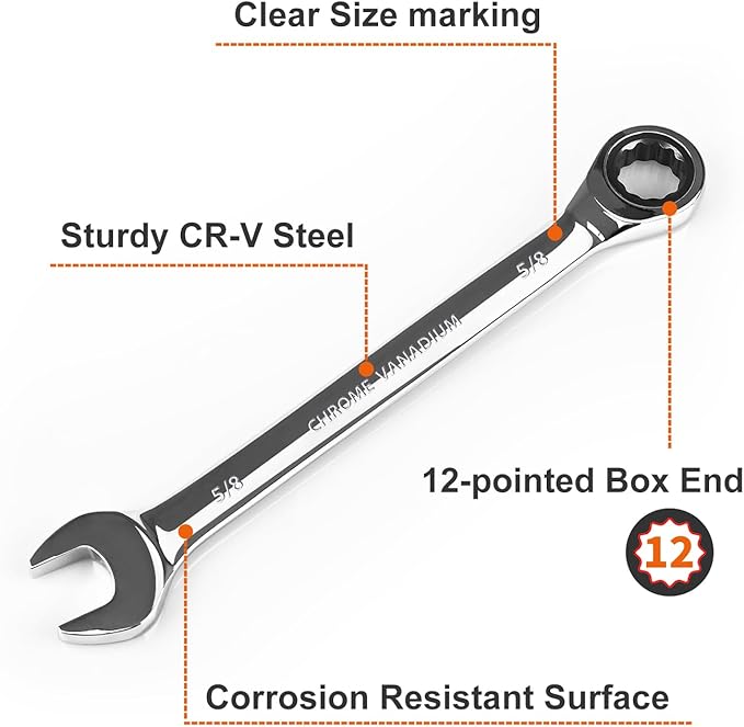 Egofine 5/8 inch Ratcheting Combination Wrench SAE, Industrial Grade Gear Spanner with 12-Point Design, 72-Tooth Ratchet, Chrome Vanadium Steel