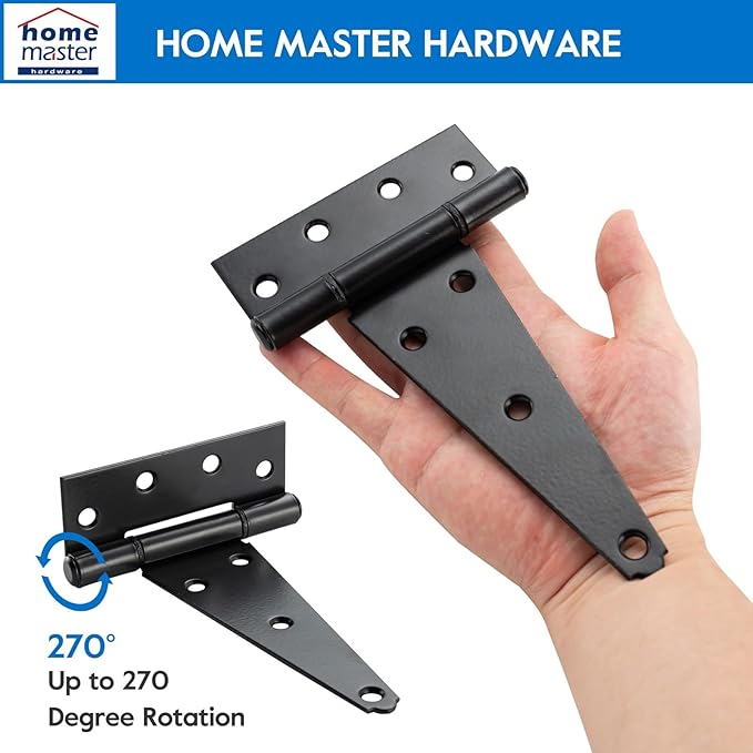 HOME MASTER HARDWARE 6 Inch T-Strap Heavy Duty Shed Door Hinges, Black Stainless Steel Heavy Duty Gate Hinges Tee Hinge for Wooden Fences,Yard Door, Barn Door Gates, Rustproof Wrought with Screws, 4 P