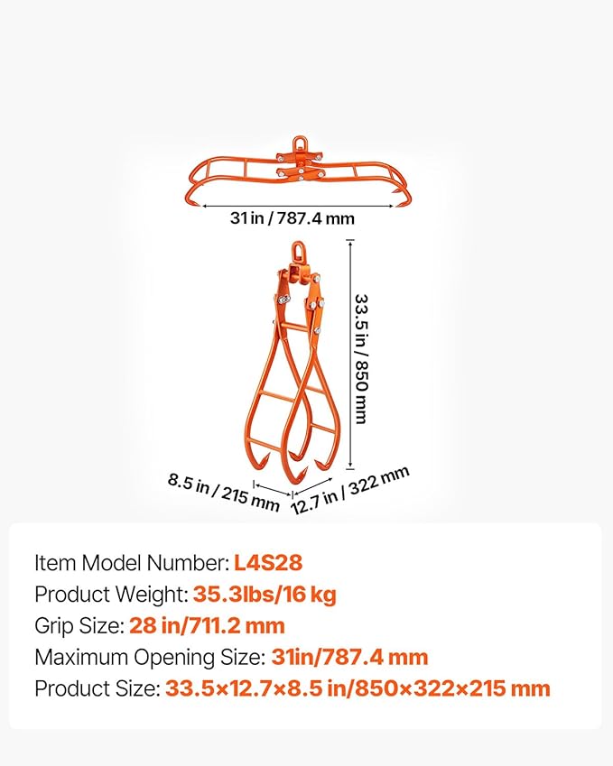 VEVOR Timber Claw Hook, 28 inch 4 Claw Log Grapple Logging Tongs, Swivel Steel Log Lifting Tongs 31" Max Opening, Eagle Claws with 2205LBS/1000kg Loading Capacity for Tractors, ATVs, Trucks, Forklifts
