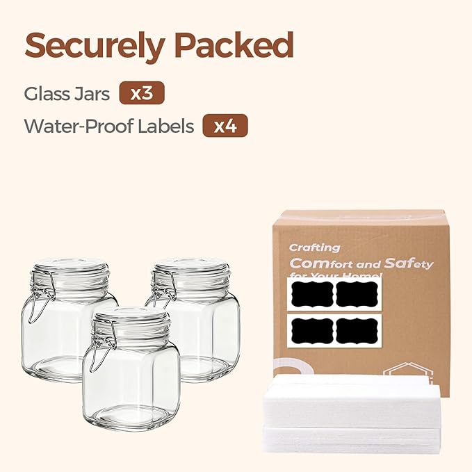 ComSaf Airtight Glass Canister Set of 3 with Lids 34oz Food Storage Jar Square - Storage Container with Clear Preserving Seal Wire Clip Fastening for Kitchen Canning Cereal,Pasta,Sugar,Beans,Spice