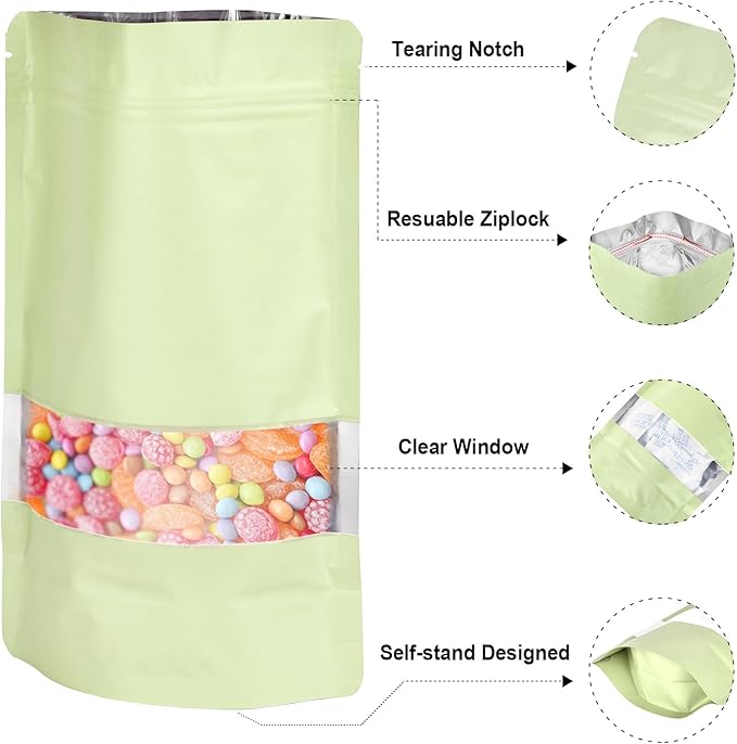 5.5"x7.8" 120pcs Mylar Bags for Food Storage,Smell Proof Bag with Matte Window Resealable Food Storage Bags for Small Business, Stand-up Foil Pouch Packaging Freeze Dried Candy Bag(Beige)