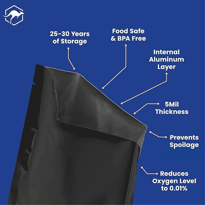Wallaby 75 Count 1-Gallon Mylar Bags with 400cc Oxygen Absorbers, 10 Mil Total Thickness Long-Term Food Storage Pouches, 10x14 Heat-Sealable Airtight Packaging - Matte Black