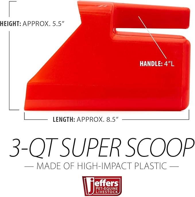 Jeffers Super Scoop 3 Quart – Lightweight and Heavy Duty Plastic Feed Scoop for Pet Food, Grain, Dog Food, Cat Litter, Flour, Rice, Chicken Feed, Garden Soil, Barn, Farm, and Outdoor Use - Red