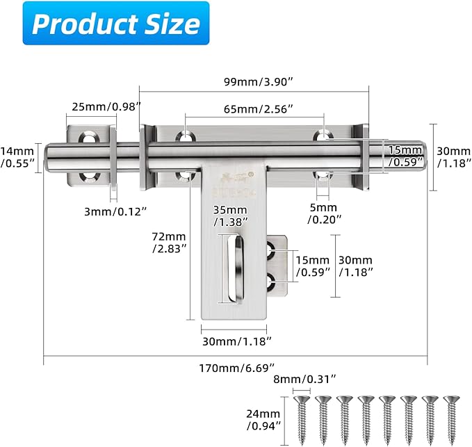 Heavy Duty Barrel Bolts Safety Door Lock, 6.7 Inch Slide Bolt Gate Latch with Padlock Hole,Solid SUS304 Stainless Steel Barrel Bolt Latch for Wooden Fence, Yard Door, Barn Door, Shed Door, Interior