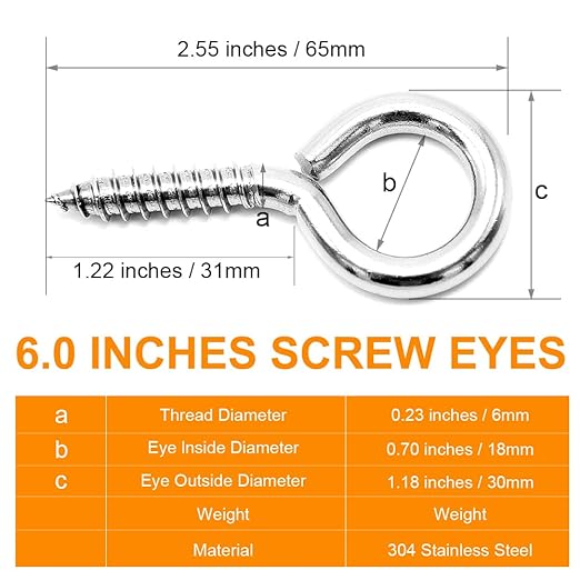 6 Pcs M6 304 Stainless Steel Screw Eye Hooks, 2-1/2 Inches Eyes Screw Hooks,Heavy Duty Screw Eye Bolt,Load Bearing 200LB,Indoor & Outdoor Use