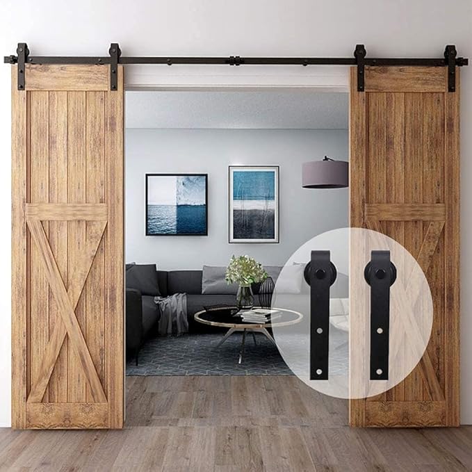 CCJH 10.5FT Sliding Barn Door Hardware Kit, Heavy Duty, Smoothly and Quietly, Easy to Install, Fit 31.5" Width Double Door Panel, Basic Style Hangers Black