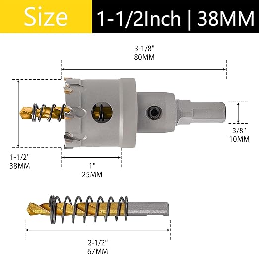 1-1/2'' (38mm) Hole Saw Heavy Duty Carbide 2-Pack Tungsten Carbide Tipped Hole Cutters cuts Stainless Steel, mild Steel, Iron, Copper, Brass, Plastic Titanium-Plated Pilot Drill Bits
