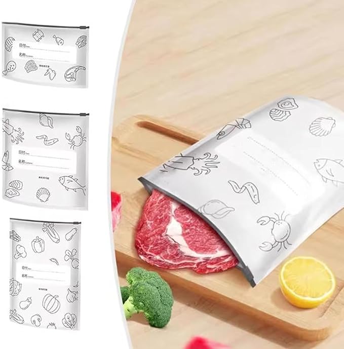 30PCS reusable aluminum foil sealed storage bags, 2025 new resealable food vacuum zipper bags, vegetable, fruit, and meat upright aluminum foil sealed bags with labels and zippers (10 each of 3 sizes)