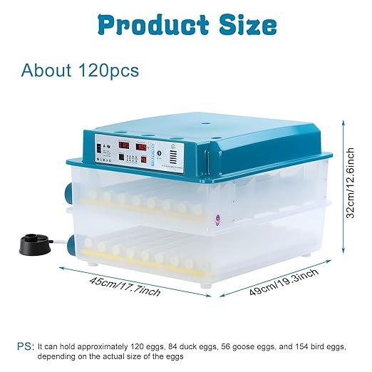 120 Egg Incubator with Automatic Egg Turning and Temperature Control | Humidity Monitor | Large Incubator for Hatching Eggs | Poultry Hatcher Machine | Dual Air Vent 360° Clear View