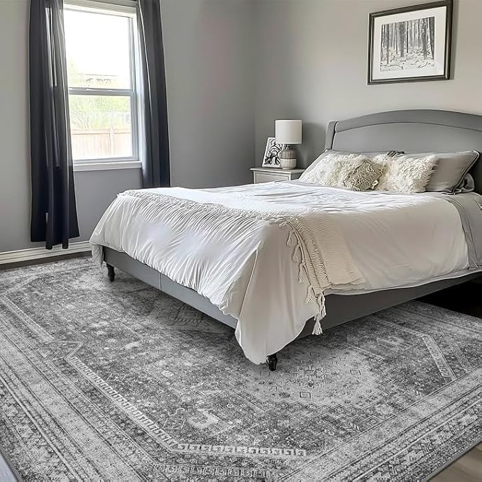 GENIMO 9x12 Area Rugs for Living Room, Machine Washable Non Slip Rugs, Low Pile Lightweight Print Rug for Bedroom, Dining Room, Home Office, Vintage Grey