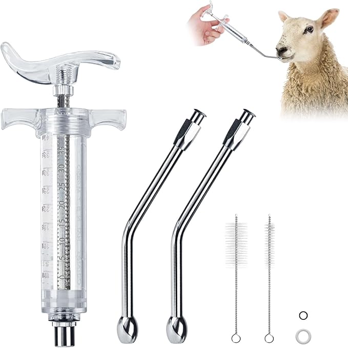 20ML Reusable Goats Syringe with 2 Drench Nozzle, Adjustable Animal Drenching Syringes Dosage Detachable Sheep Drench Gun Livestock Syringe for Sheep Baby Goat Supplies