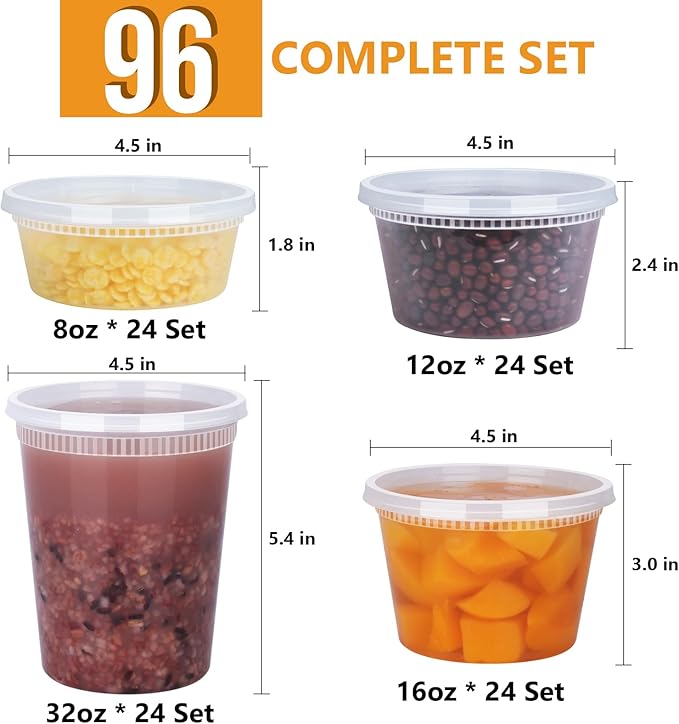 NESCCI 96 Sets (192-Piece) Deli Containers with Lids, 32/16/12/8 oz X 24 Set Each, Leak-Proof & BPA Free Airtight Takeout Plastic Food Storage Containers for Soup, Meal Prep,Microwave/Freezer Safe