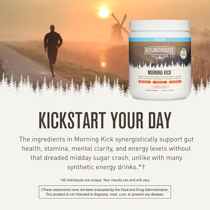 ROUNDHOUSE PROVISION Morning Kick, Zero Sugar Greens Superfood Powder Supplement with Ashwagandha, Collagen, Probiotics, Debloat Drink, 30 Servings (Strawberry Lemonade) by Chuck Norris