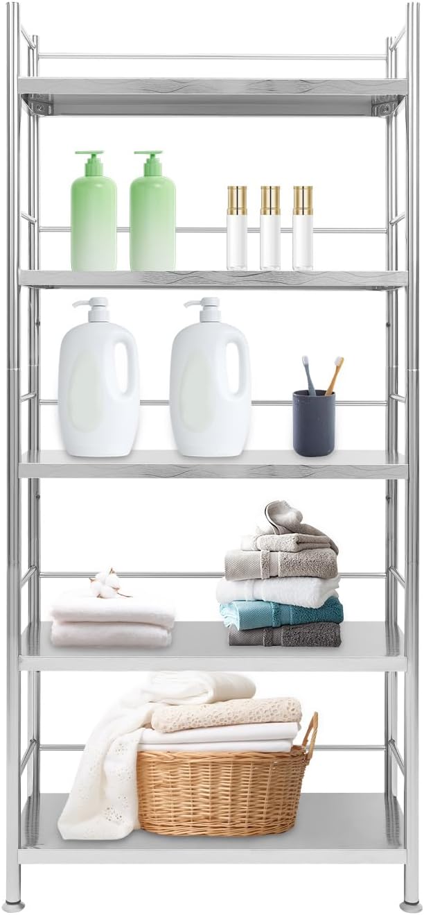 5 Tier Stainless Steel Shelving Metal Unit Storage Bakers Rack Kitchen Standing Storage Shelves Organizer Heavy Duty for Restaurant Garage Pantry Kitchen Laundry Bathroom