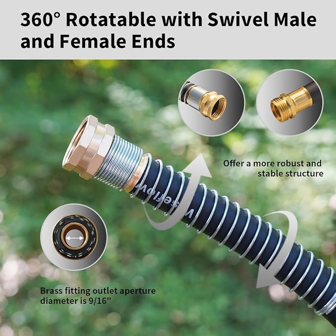 WiseFlow Garden Hose 100FT x 3/4", Heavy Duty Rubber Hose, Water Hose with Five Layered Braiding, Male Female Fittings, 1000PSI Burst, 300PSI Working (Black)