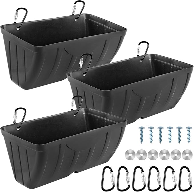 Chicken Feeder, 3 Pack, Poultry Feeders and Waterers, Hanging Goat Feeder, Livestock Fence Feeder, Feed Trough and Waterer Bucket with Clips, Black