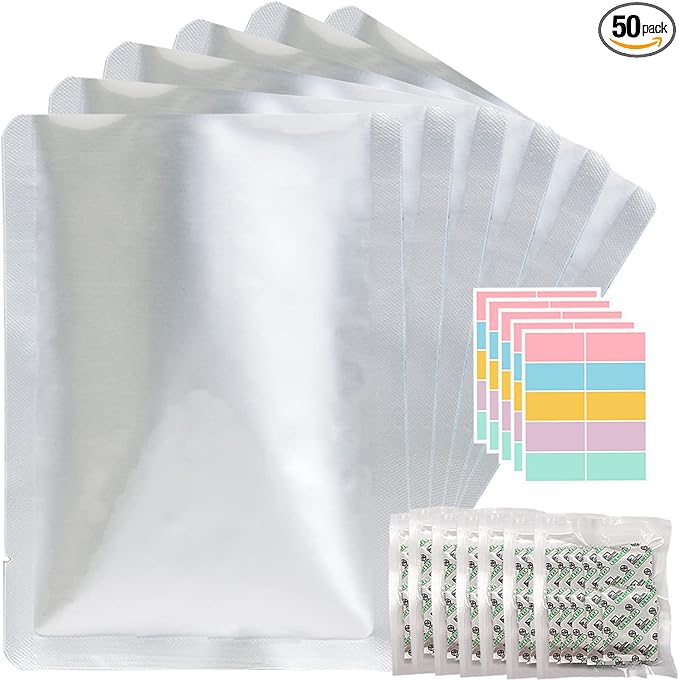 50pcs 1 Gallon Mylar Bags for Food Storage with Oxygen Absorbers 400CC (6 Packs of 10pcs) and Labels, 9.5 Mil 10"x14" Vacuum Sealer Bags Heat Sealable Bags for Long Term Food Storage(Extra Thick）