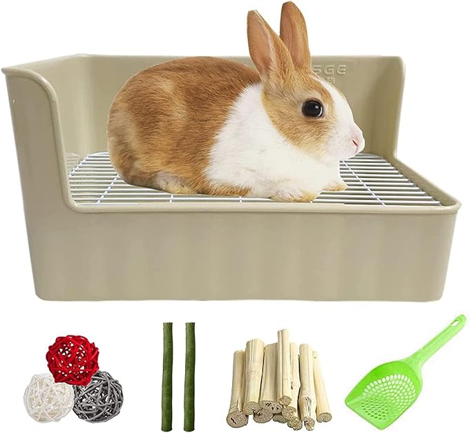 Tfwadmx Rabbit Litter Box Toilet Bunny Corner Litter Pan Pet Toilet Potty Trainer with Scoop Rabbit Chew Toys for Guinea Pigs Galesaur Chinchilla Ferret Small Animal (Brown)