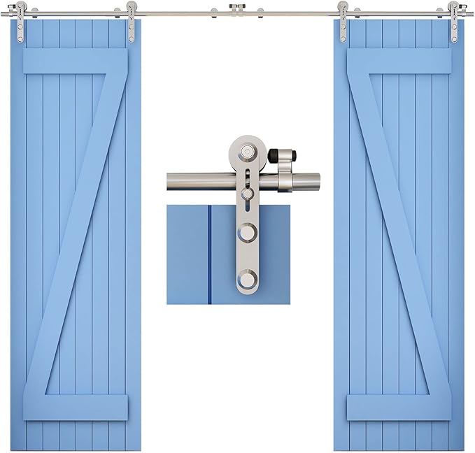 TSMST 9FT Sliding Barn Door Hardware Kit, Stainless Steel Heavy Duty Sturdy Barn Door Track for Double Wood Door, Slide Smoothly Quietly (I Style)