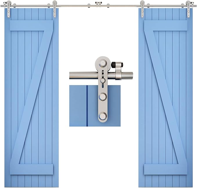 TSMST 13FT Sliding Barn Door Hardware Kit, Top Mount Stainless Steel Heavy Duty Sturdy Barn Door Track for Double Wood Door, Slide Smoothly Quietly (I Style)