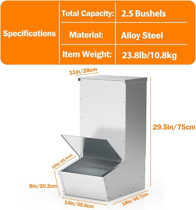 Hog Feeder, 2.5 Bushels Capacity, Heavy Duty Galvanized Steel Single Door Pig Feeder, Moisture Proof Piglet Creep Feeder, All Nuts Pre-Installed, Silver