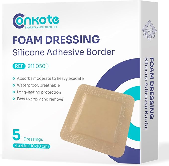 Conkote Silicone Foam Dressings 4'' X 4'', Large Bandages for Bedsores, Wound Care, Box of 5 Dressings