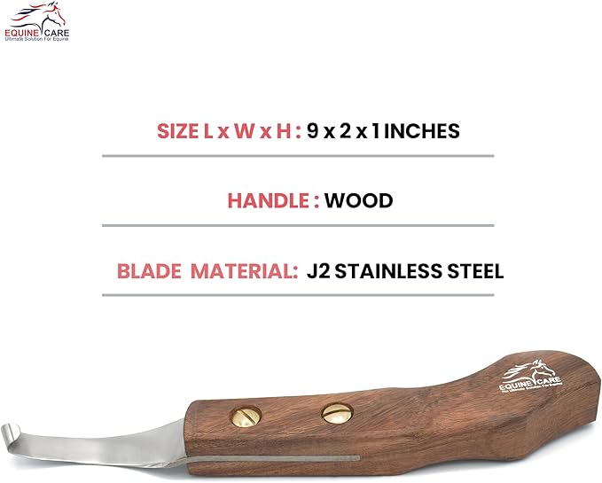 Equine Care Right-Handed Hoof Knife – Ultra-Sharp J2 Steel Blade | Professional Farrier Hoof Knife & Horse Hoof Trimmer | Ergonomic Wooden Handle for Horses & Livestock Hoof Care