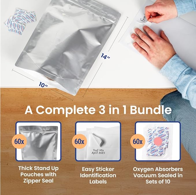 Wallaby 30 Count 1-Gallon Gusset Mylar Bags with 400cc Oxygen Absorbers, 15 Mil Total Thickness Long-Term Food Storage Pouches, 10x14 Stand-Up Zipper Heat-Sealable Airtight Packaging - Silver
