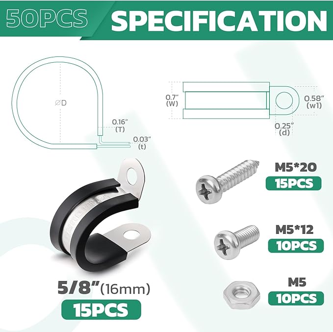 15PCS 5/8 Inch Cable Clamps with 35PCS Screws Assortment Kit 304 Stainless Steel Rubber Cushioned Insulated Cable Clamp, Automotive Wire Pipe Clamps(16mm)